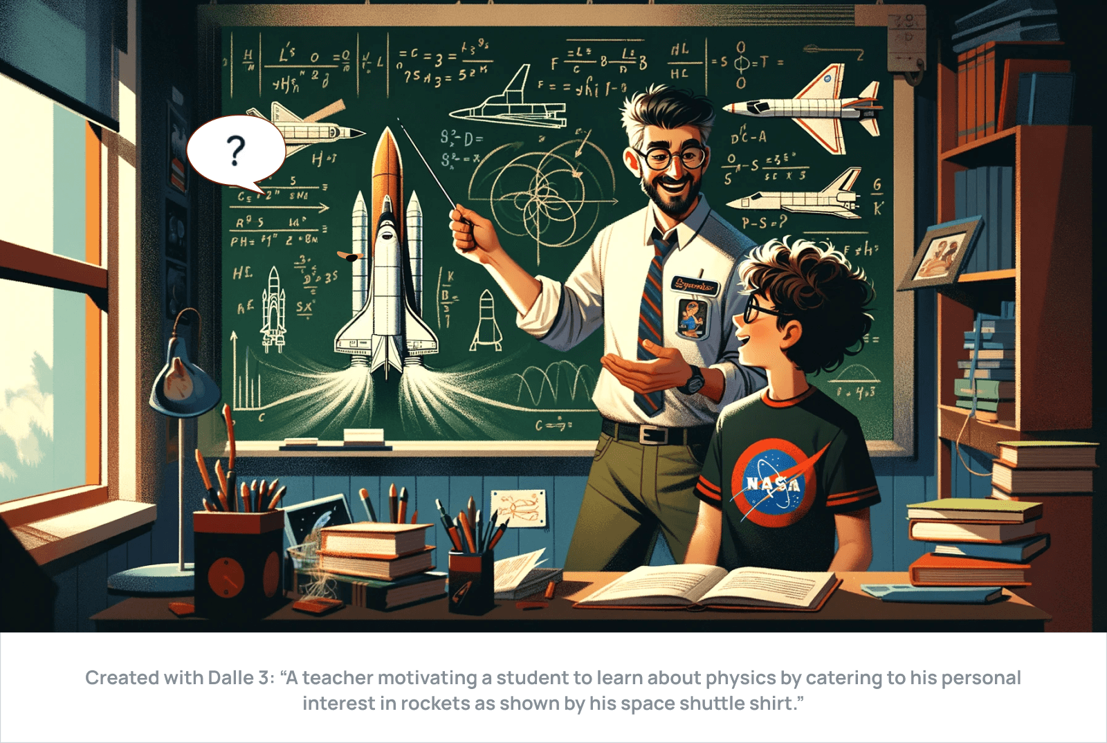 Created with Dalle 3: “A teacher motivating a student to learn about physics by catering to his personal interest in rockets as shown by his space shuttle shirt.”