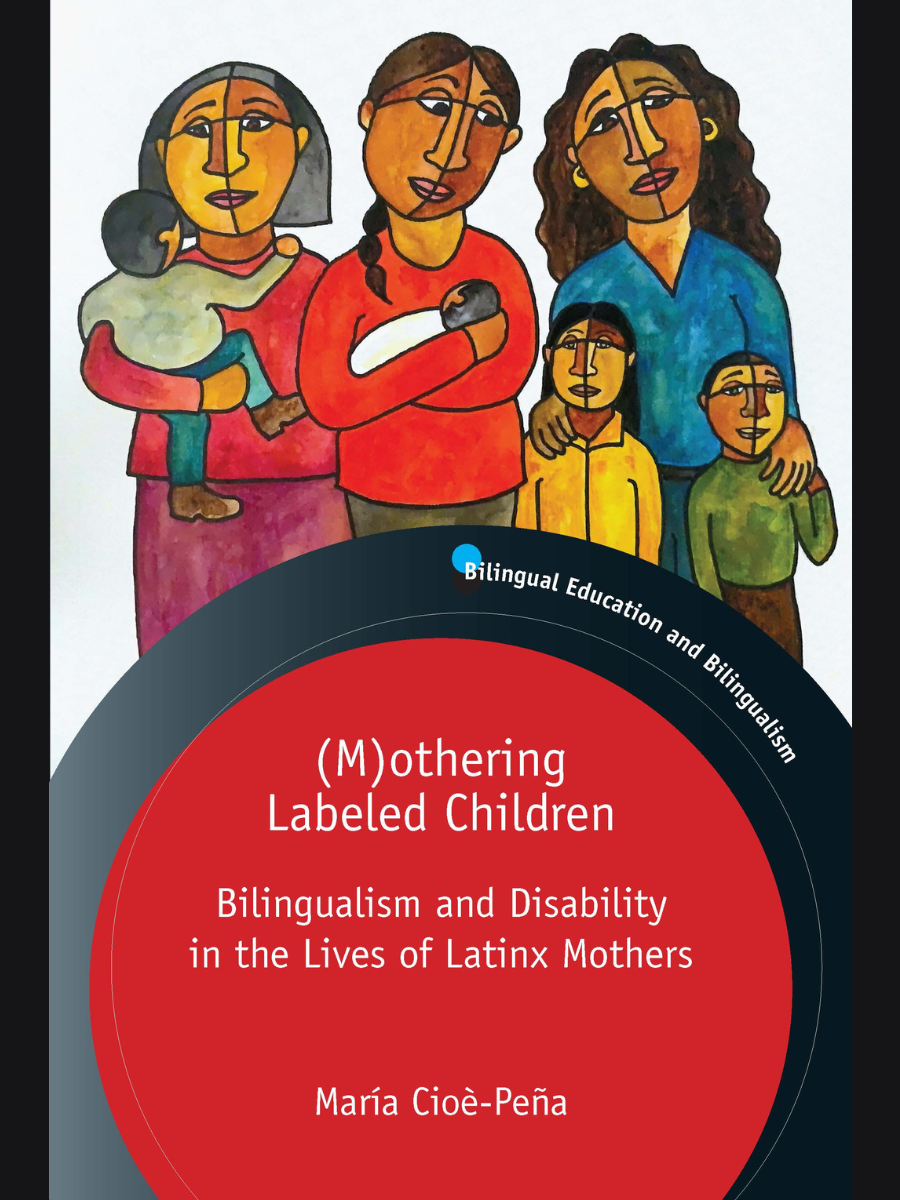 Cover of (M)othering Labeled Children, featuring a drawing of three women: one holding a small child, one holding an infant, and the third holding onto two standing children