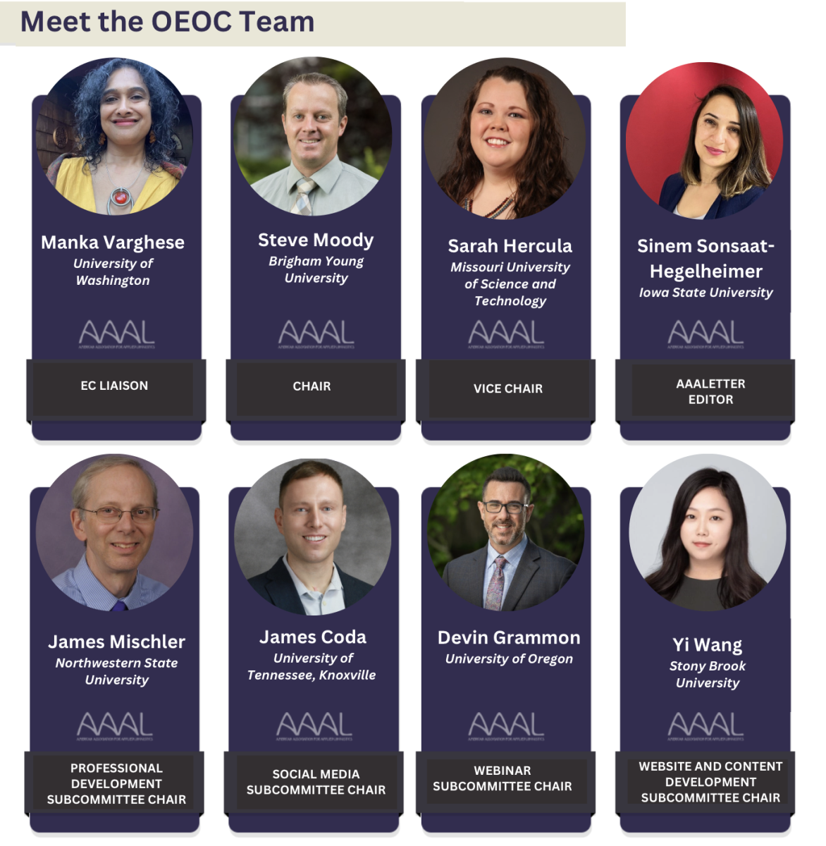 The OEOC Team (from left to right, top to bottom): Manka Varghese, Steve Moody, Sarah Hercula, Sinem Sonsaat-Hegelheimer, James Mischler, James Coda, Devin Grammon, Yi Wang