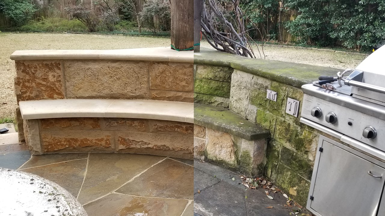 Before and after of natural stone softwashing