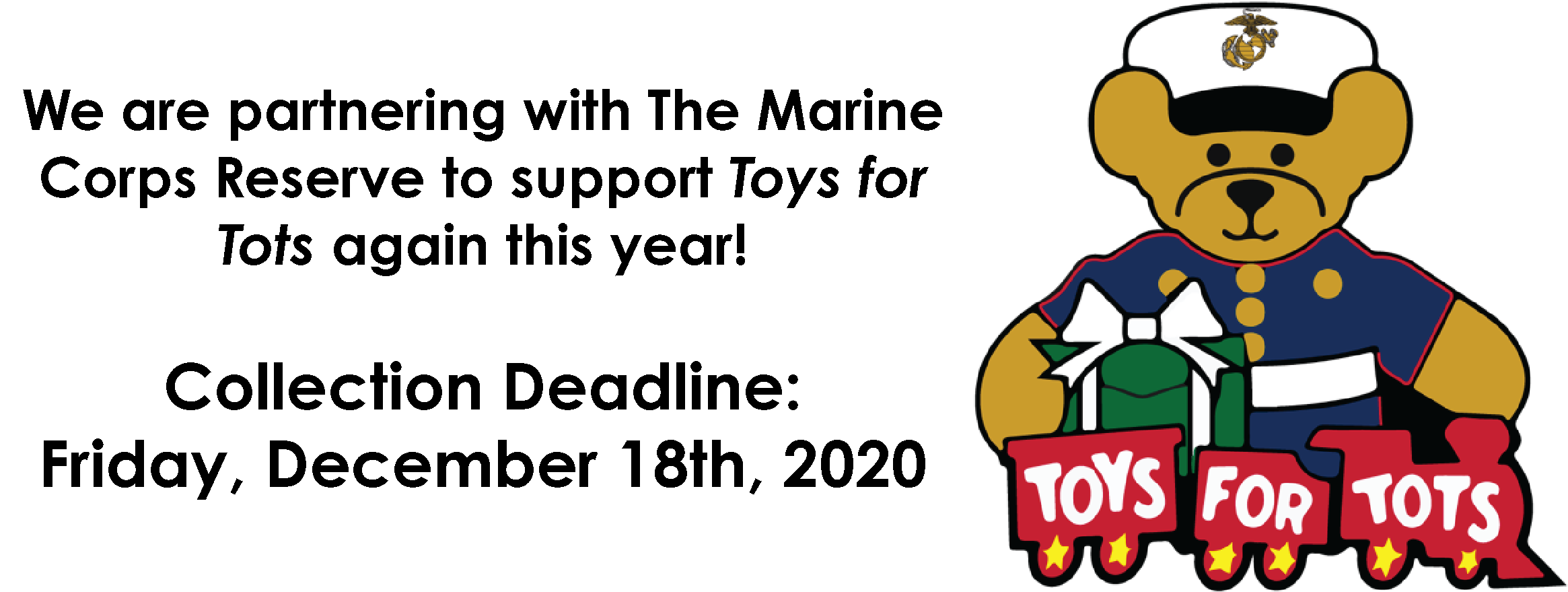 Toys for Tots Logo and note about deadline of December 18, 2020