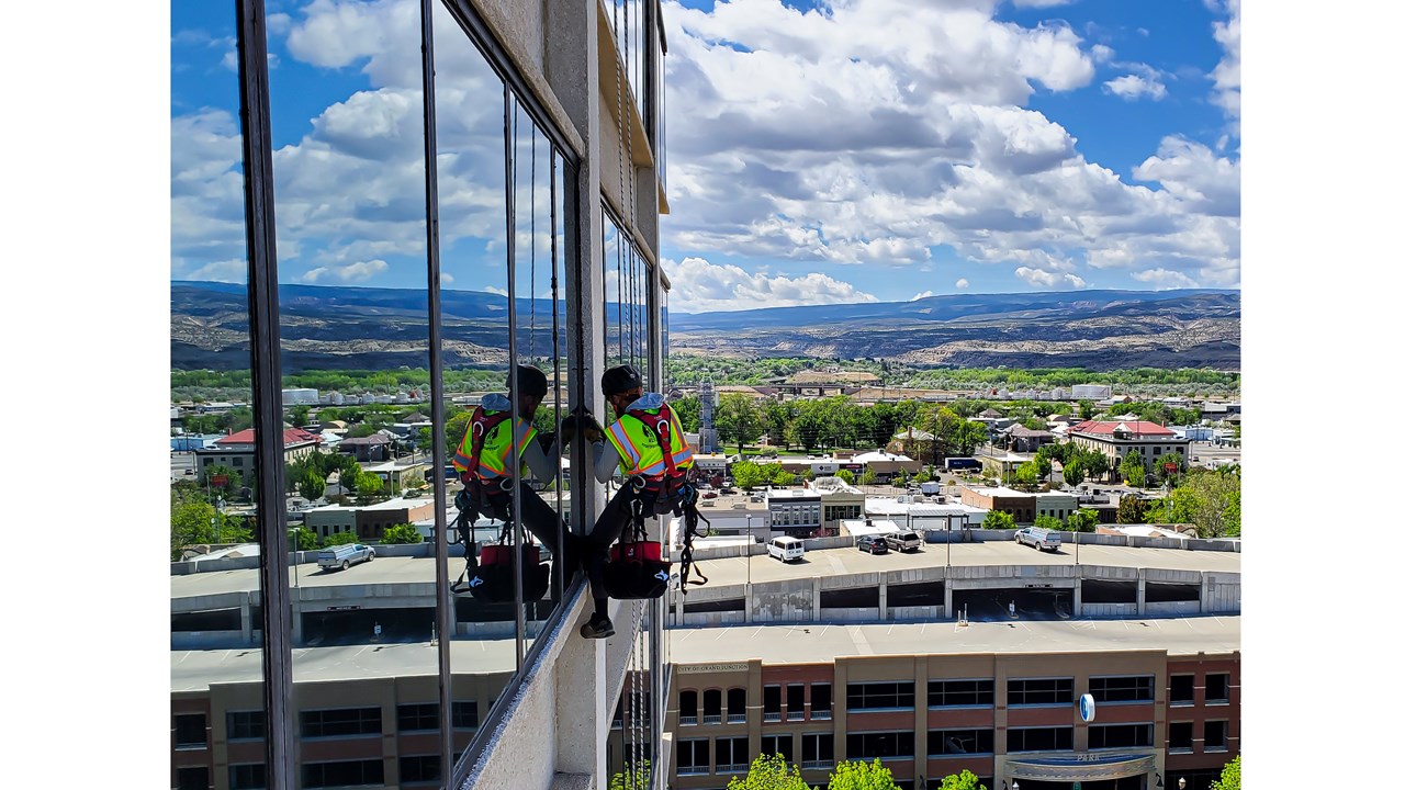 Joint sealant work being performed at Alpine Bank in Aspen