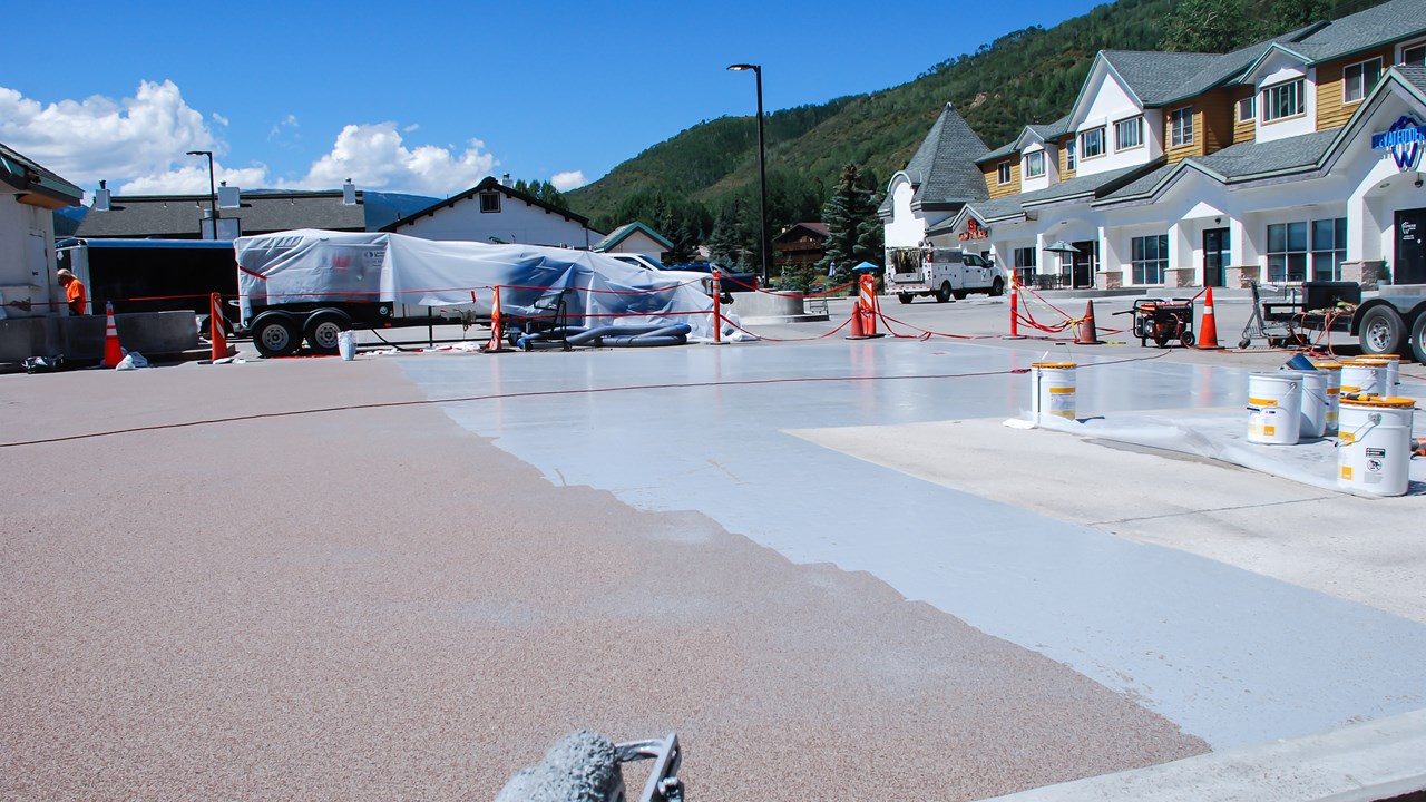 Deck coating process at City Market in Vail