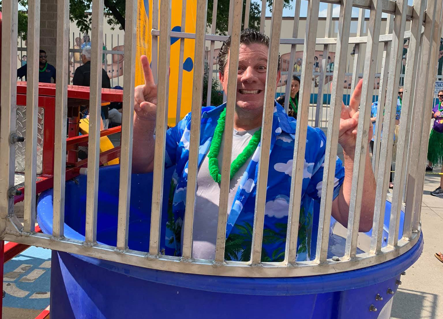 Bob Duff, AATC Community Service Committee Chair, stands ready at the Dunking Tank