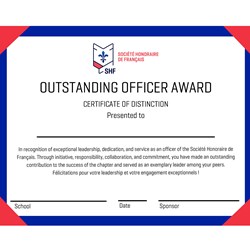 SHF Member Outstanding Officer award certificate