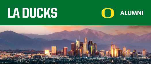 LA Ducks in an Oregon green box, with a photo of the LA skyline