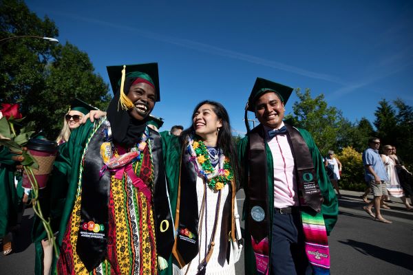 UO grads walking in the Duck Walk during Commencement