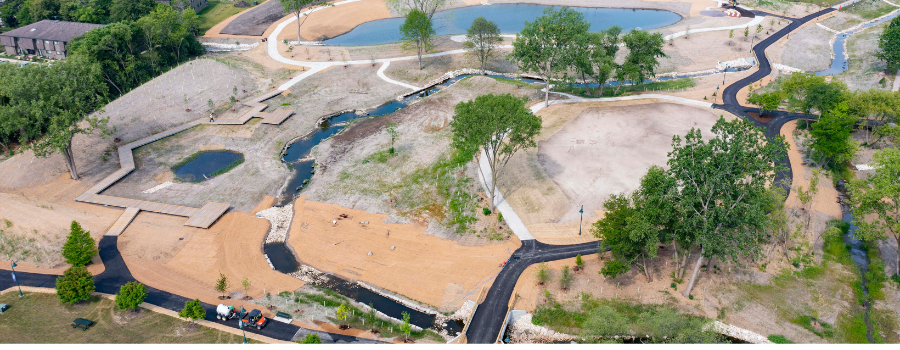 An areial view of the Honey Creek headwaters and stream restoration project.