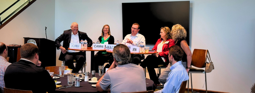 panelists discuss their leadership experiences with members of the Class of 2027 at Lambeau Field.