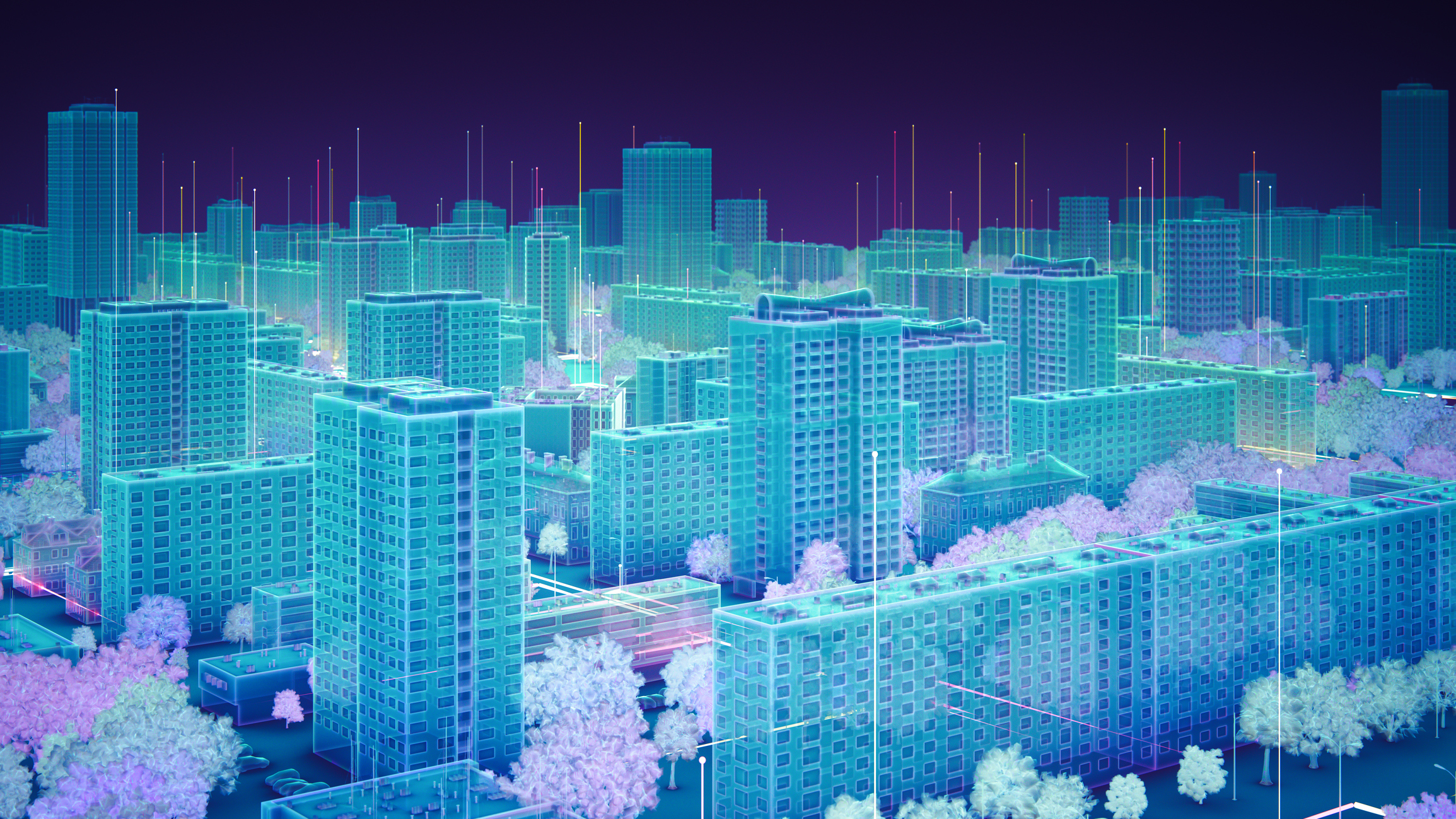 Illustration of a city of glowing, networked buildings
