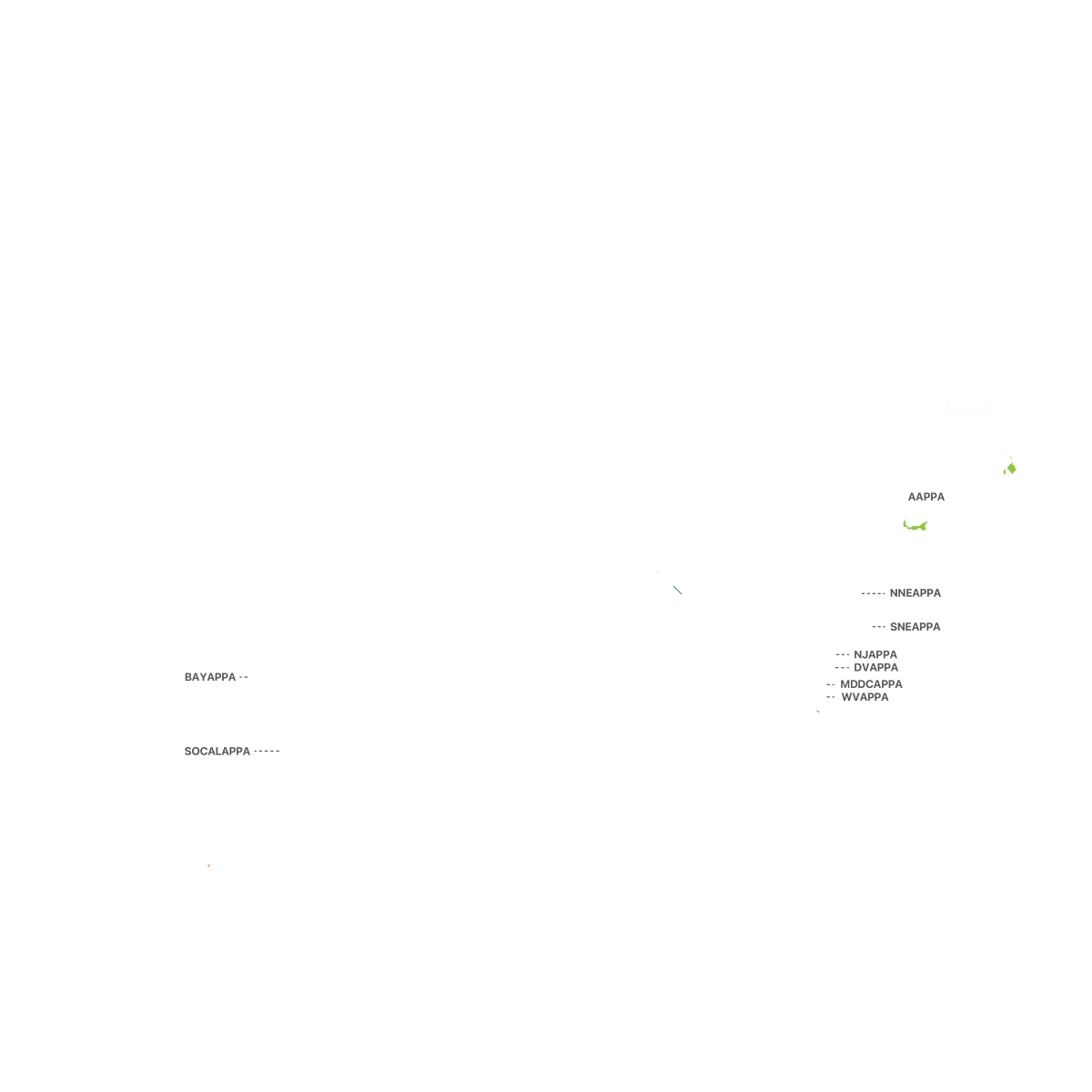Map of North America showing APPA&rsquo;s six regions: PCAPPA, RMA, CAPPA, MAPPA, ERAPPA and SRAPPA. Select a region to visit its page.