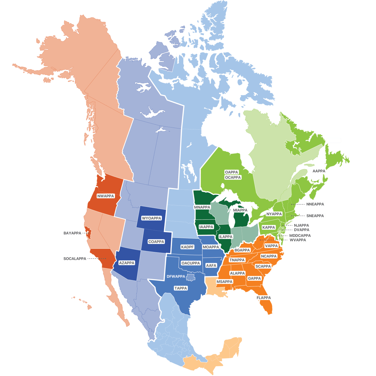 Map of North America showing APPA's six regions: PCAPPA, RMA, CAPPA, MAPPA, ERAPPA and SRAPPA.