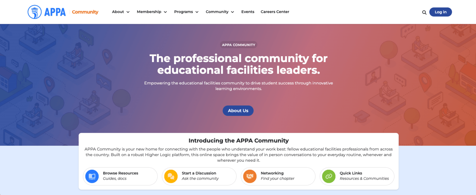The APPA Community home page, with the banner 'The professional community for educational facilities leaders' and shortcut tiles for Browse Resources, Start a Discussion, Networking, and Quick Links.
