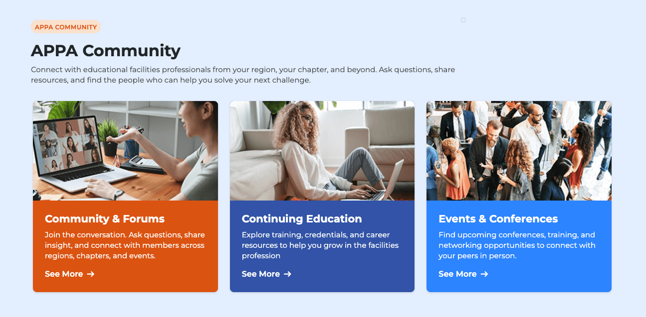 APPA Community section with three cards: Community and Forums, Continuing Education, and Events and Conferences, each with a photo, a short description, and a See More link.