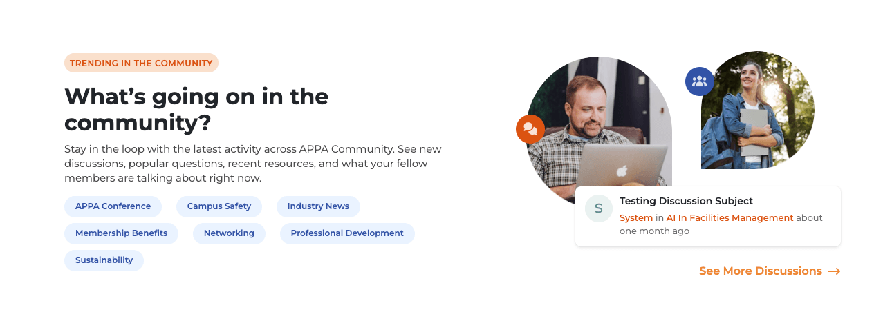 Trending in the Community section with topic tags for APPA Conference, Campus Safety, Industry News, Membership Benefits, Networking, Professional Development, and Sustainability, beside a recent discussion and a See More Discussions link.