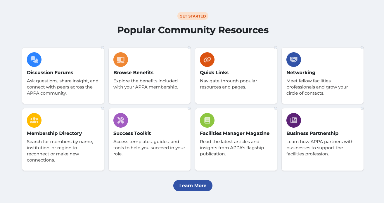 Popular Community Resources grid with eight tiles: Discussion Forums, Browse Benefits, Quick Links, Networking, Membership Directory, Success Toolkit, Facilities Manager Magazine, and Business Partnership.