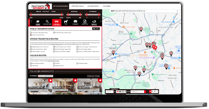 Mockup of bus route features added to ApartmentsForAthens search tools.