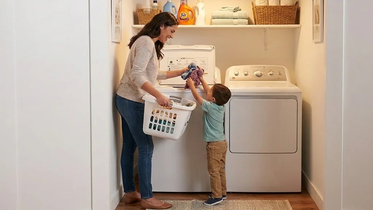 Mother & Son Using In-Home Machines 