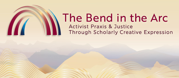 Red Gold and Dark Blue Arcs of the 2025 Annual Conference Logo over a creme colored abstract background of mountains adorned with gold strips of light and color. Text: The Bend in the Arc: Activist Praxis and Justice Through Scholarly Expression