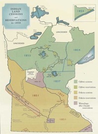 Map of Native American Land Cessions and Reservations to 1858. In "Territorial Imperative: How Minnesota Became the 32nd State," by Rhoda Gilman (Making Minnesota Territory 1849–1858; Minnesota Historical Society Press, 1999).