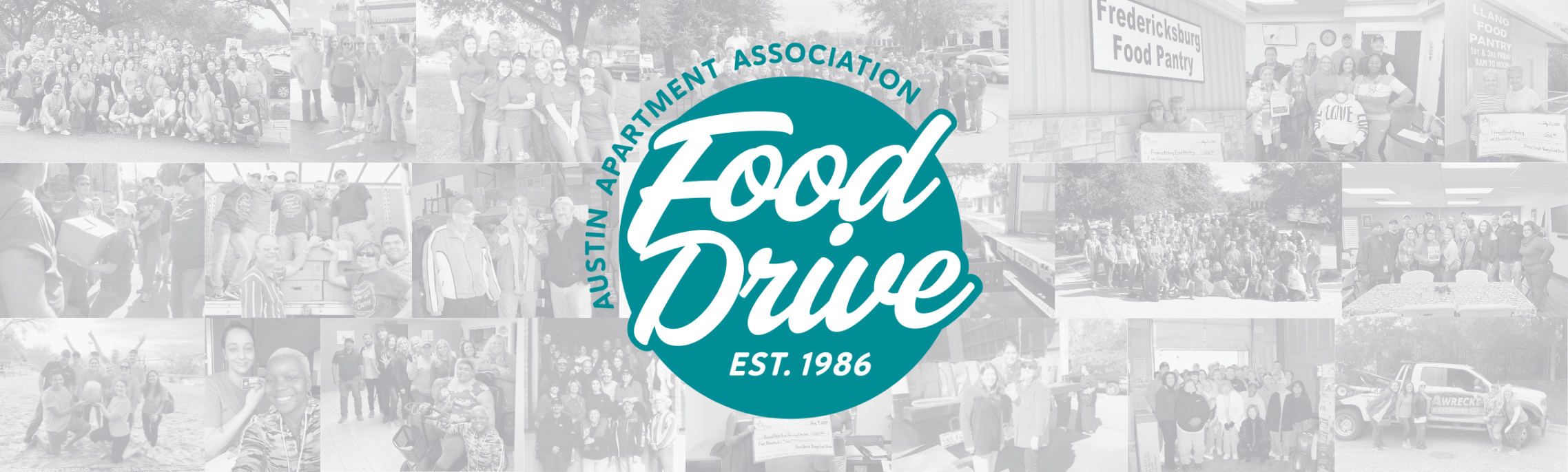 Teal "Food Drive" logo. Background has various black and white images from the Food Drive.