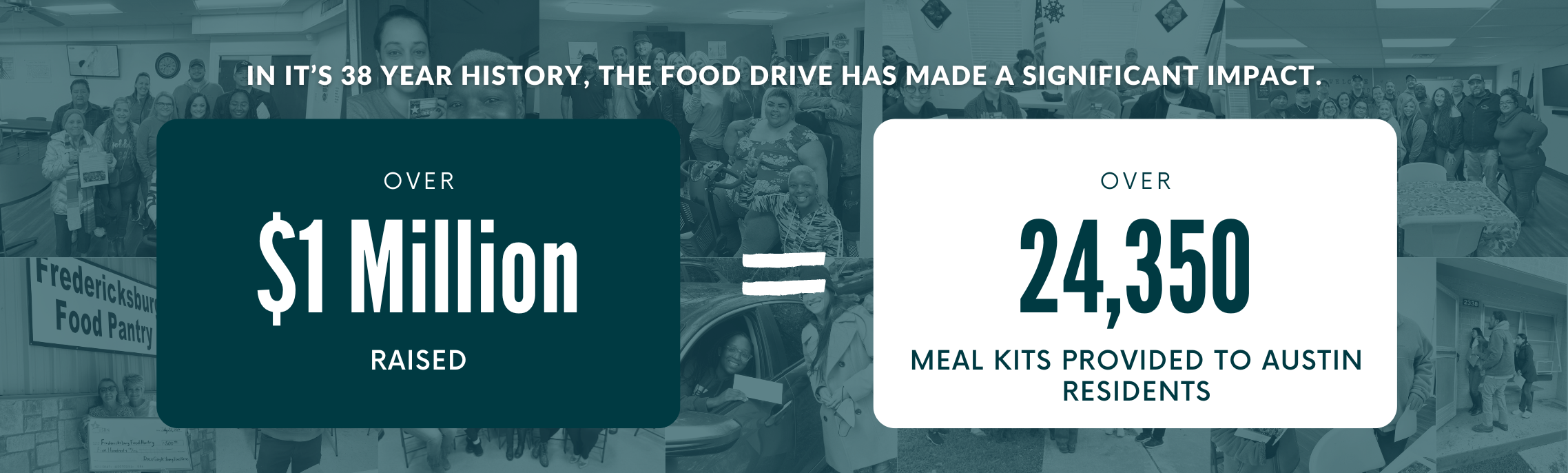 Green background with text overlay, "Over $1million raised" + "Over 24,350 meal kits provided"