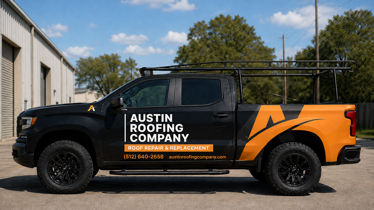 Austin Roofing Company Work Vehicle