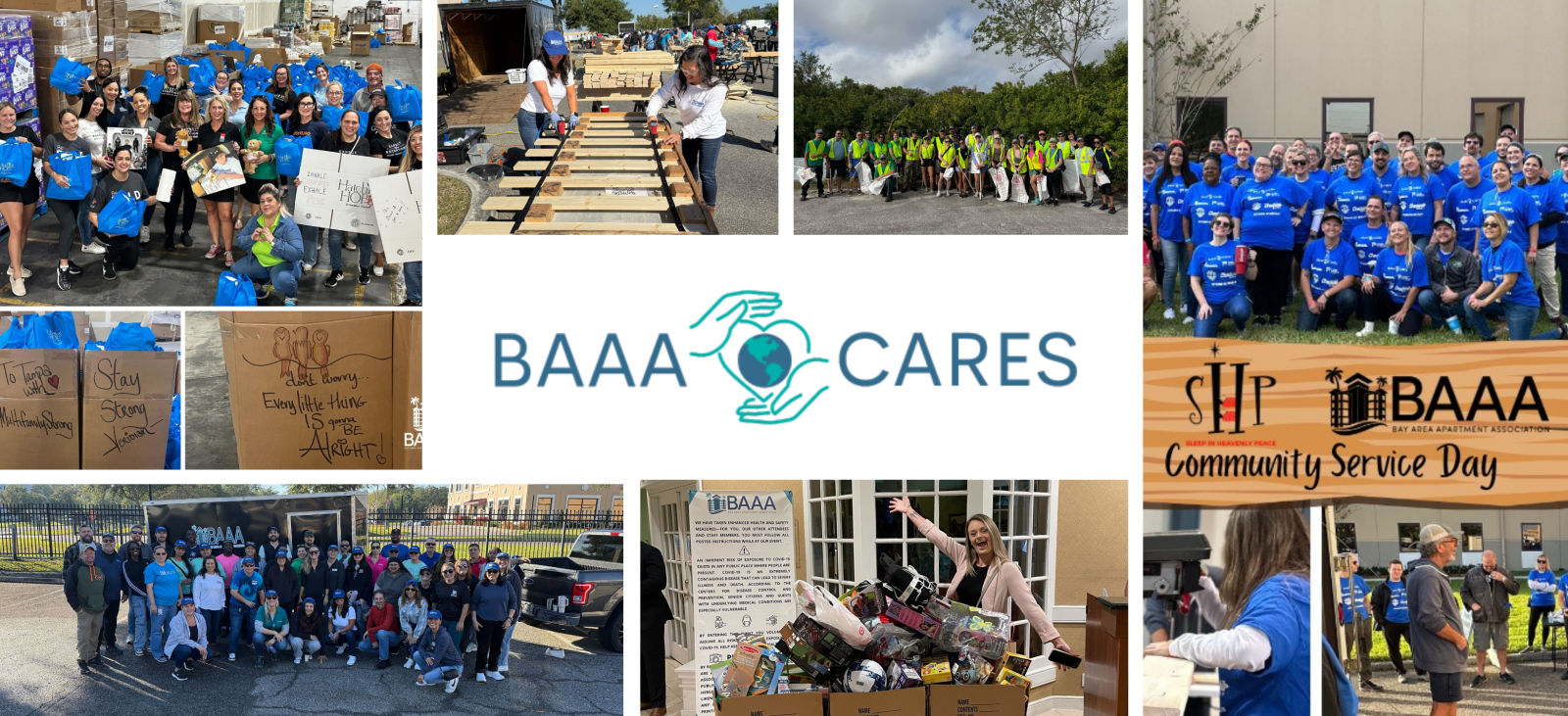 A photo collage representing the "BAAA CARES Community Service Day." The central graphic features the BAAA CARES logo alongside a logo that reads "SHP BAAA Community Service Day." Surrounding the logos are various photos of association members volunteering in the Tampa Bay community. The images show groups of people in matching blue t-shirts working together outdoors, posing for group photos, and participating in community improvement and outreach projects.