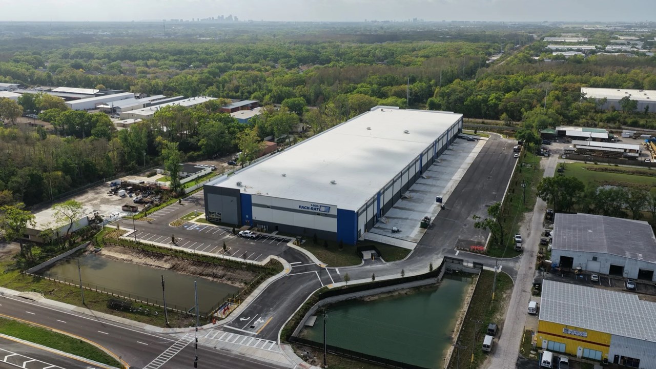 Aerial of 1-800-PACK-RAT facility in Tampa striped by Radiant Striping