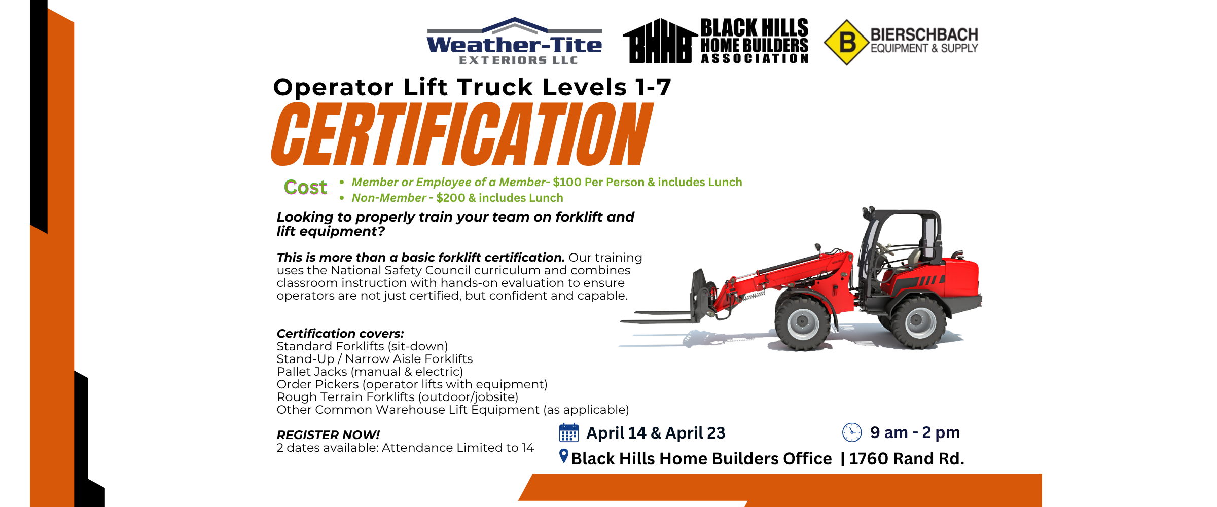 Operator Lift Truck Levels 1-7 Certification *April 14*