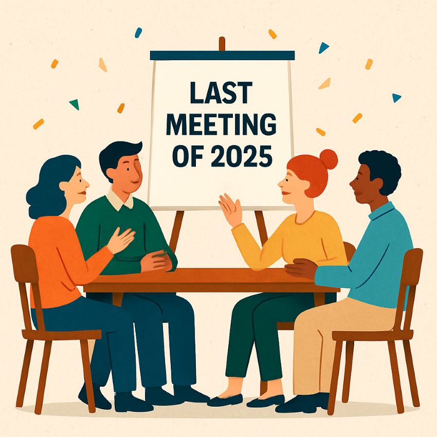 Four people sitting at a meeting table with a sign in the background that says "Last Meeting of 2025"