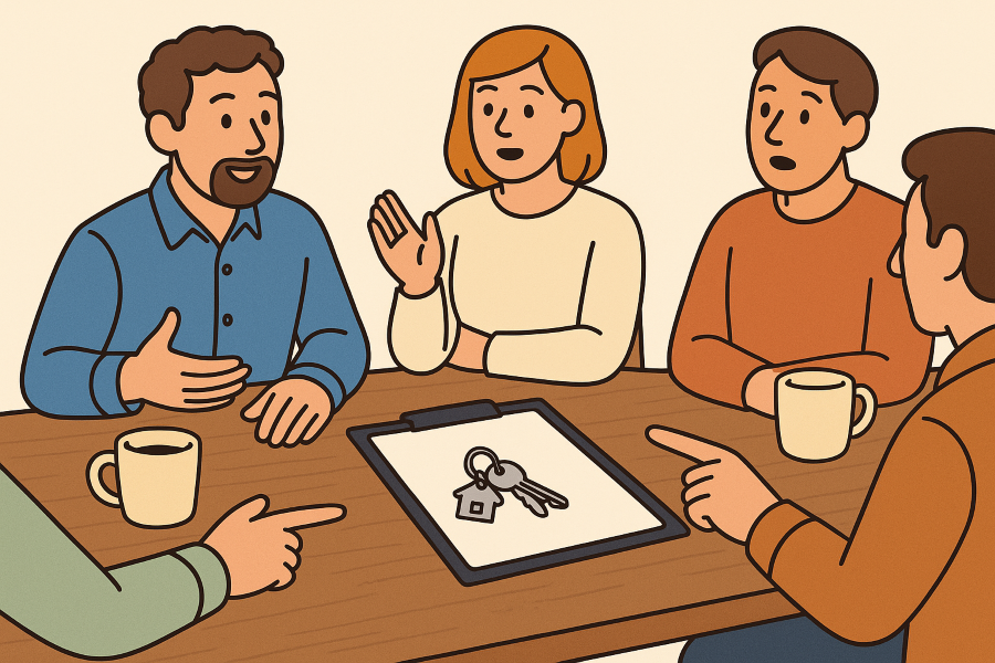 A quartet of owners seated at a table having a discussion