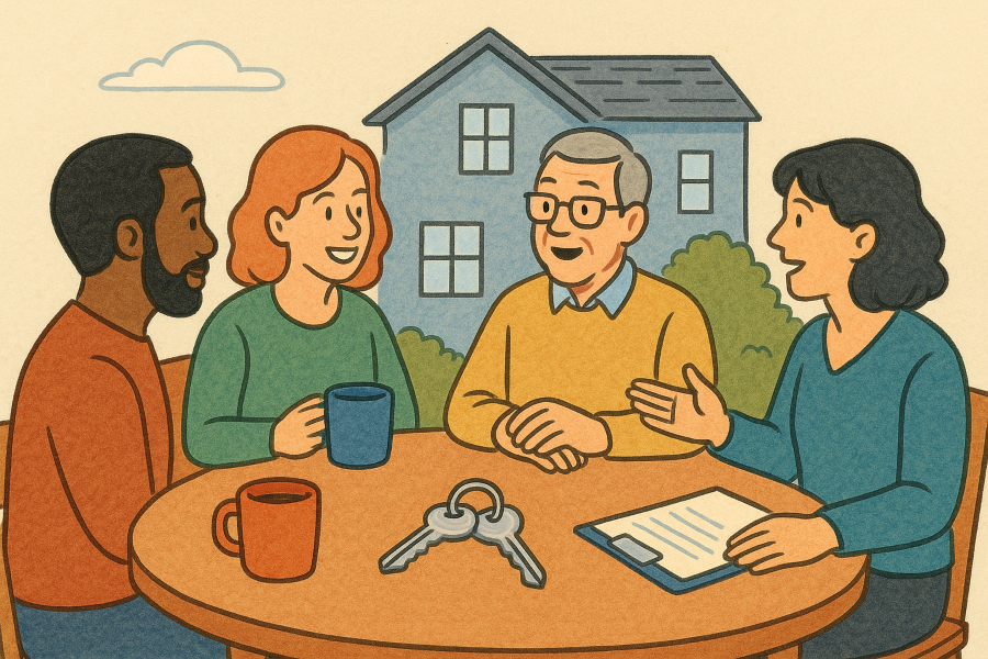 A quartet of owners are seated at a table having an animated discussion