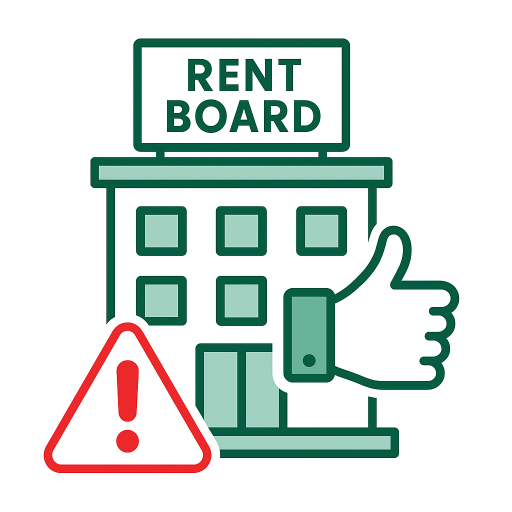 Image of a building with Rent Board sign a thumbs up and a triangle with an exclamation point in red