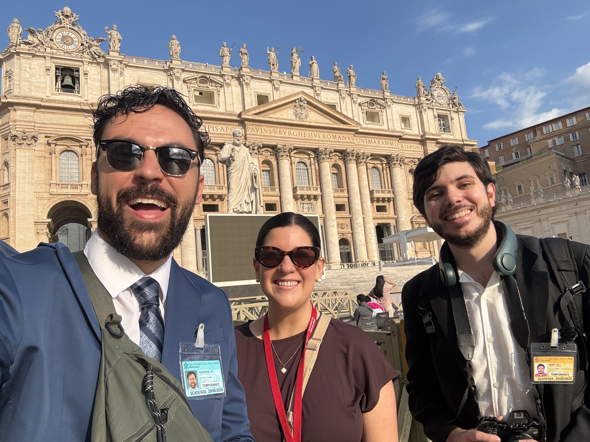 Andr&eacute; Escaleira, Jr., Mary Kate Polanin, and Patrick Grady covering Mass in Rome