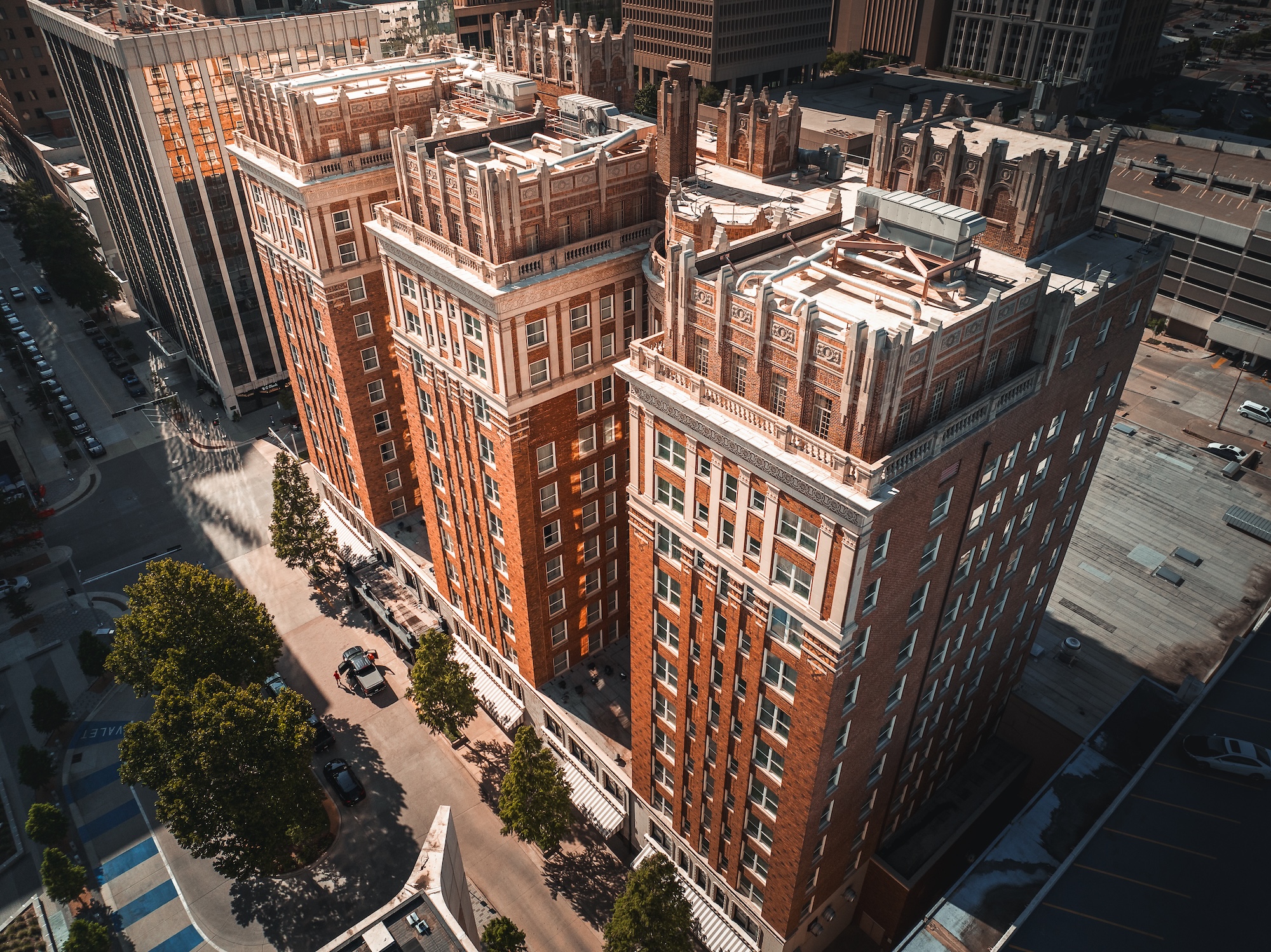 Aerial view of the Skirvin Hilton in downtown Oklahoma City