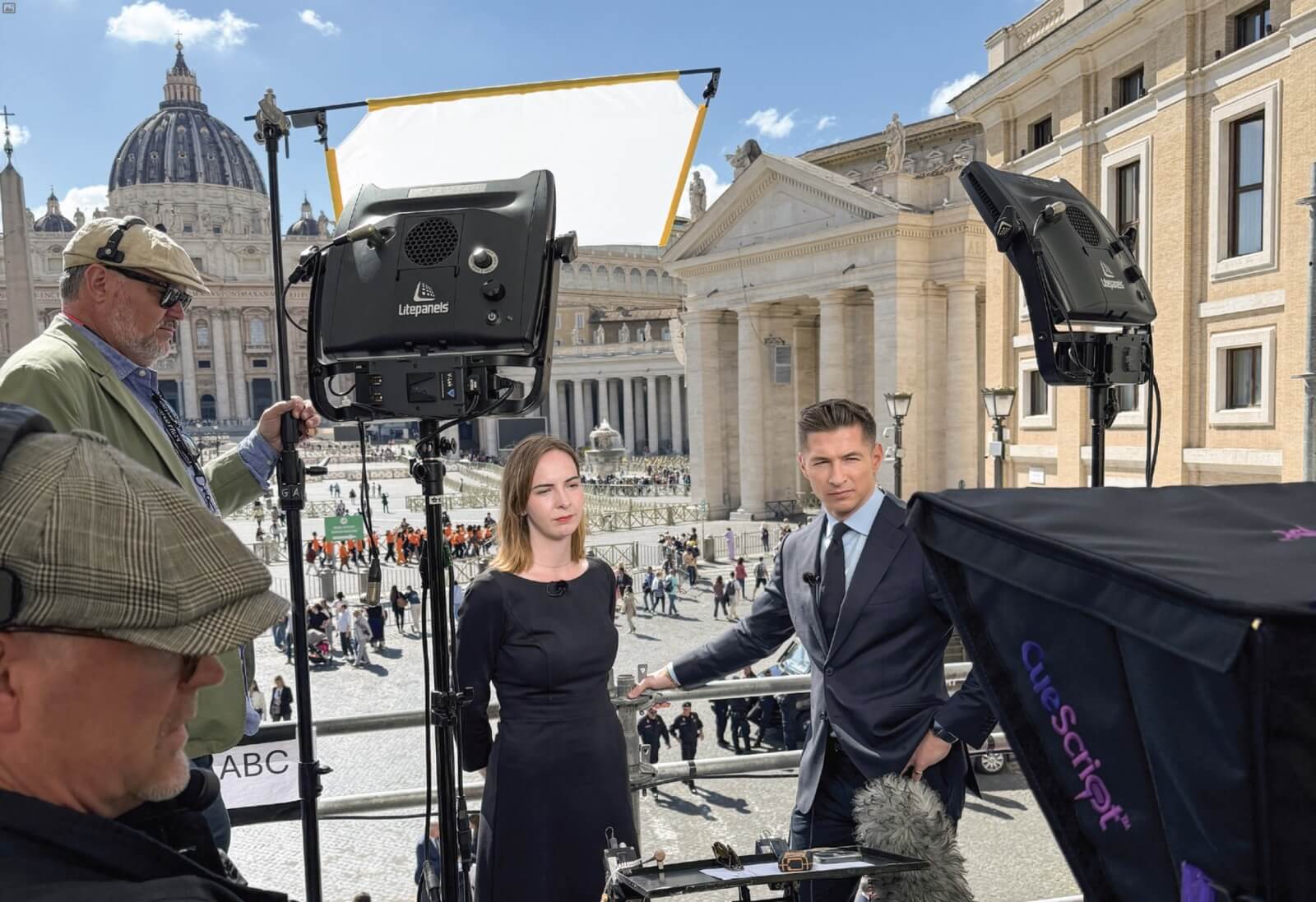 Colleen Dulle and James Longman prepare for an ABC News broadcast from St. Peter’s Square during the 2025 conclave.