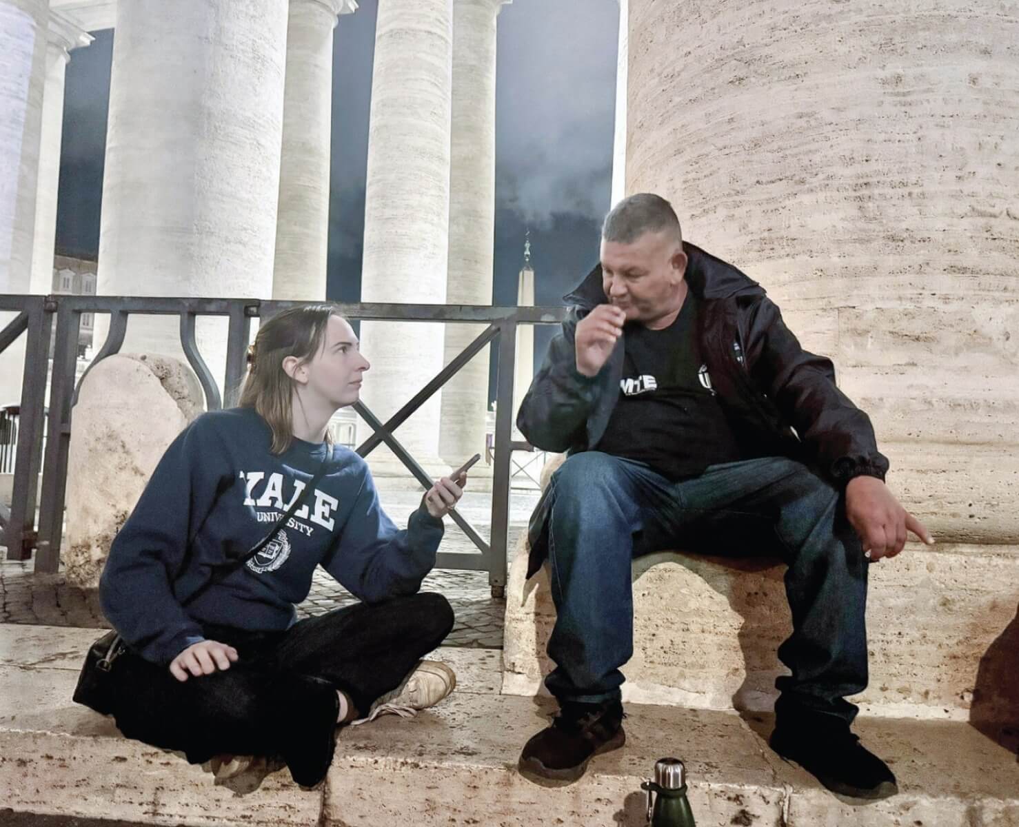 Colleen Dulle interviews Sergio Sánchez, Argentine cartonero and friend of Pope Francis, under Bernini’s Colonnade at the Vatican.