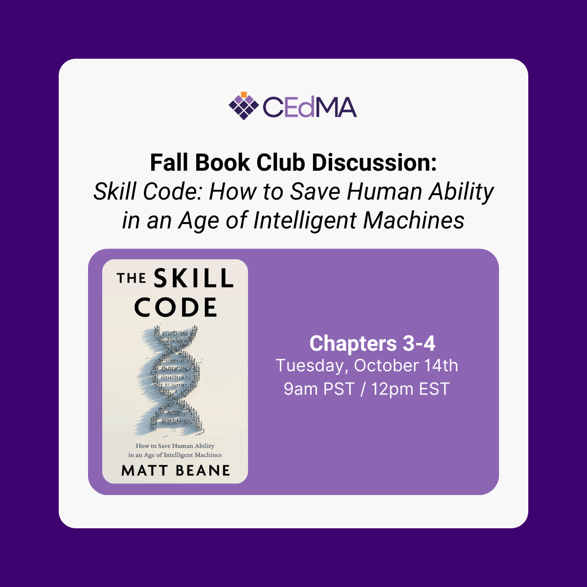CEdMA Book Club will be meeting on October 14th at 9am PST / 12pm EST