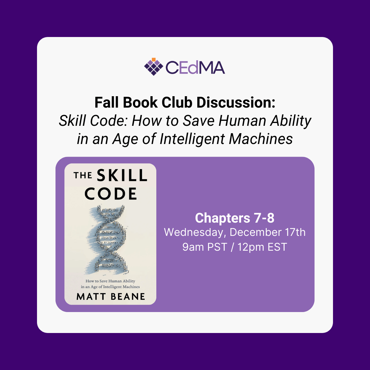 Book Club will meet on December 17th at 9am PST / 12pm EST
