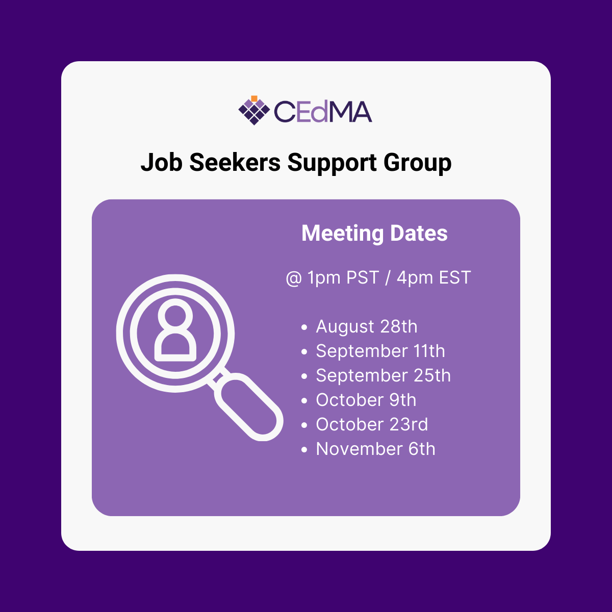 Job Search Support Group will meet biweekly from August 28-November 6.