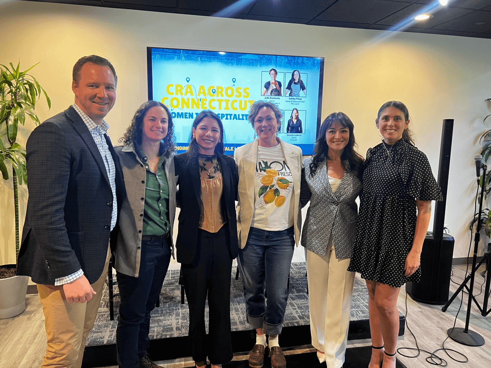 L to R: Scott Dolch, President & CEO of Connecticut Restaurant Association; Ashley Flagg, Owner & Executive Chef of The Laurel; Grecia Ludena, Owner of Coracora; Julia Koulouris, Owner of Heirloom Market at Comstock Ferre; Mira Puka, Director of Finance at DORO Restaurant Group; Yvette M. Tavares, VP of Sales & Operations, Connecticut Restaurant Association