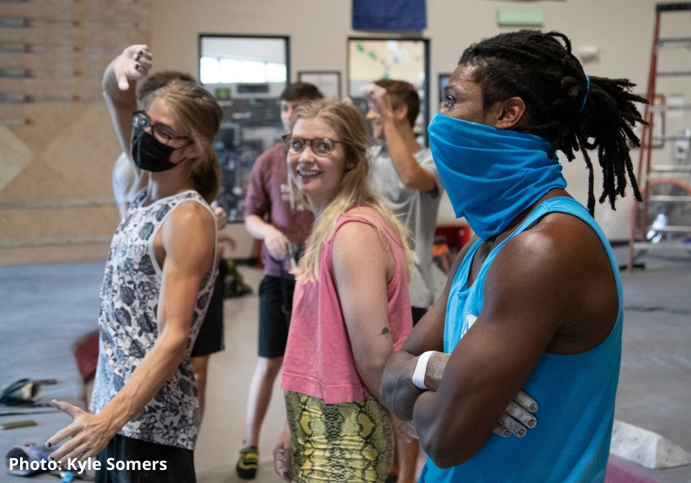 Routesetters in an indoor climbing gym