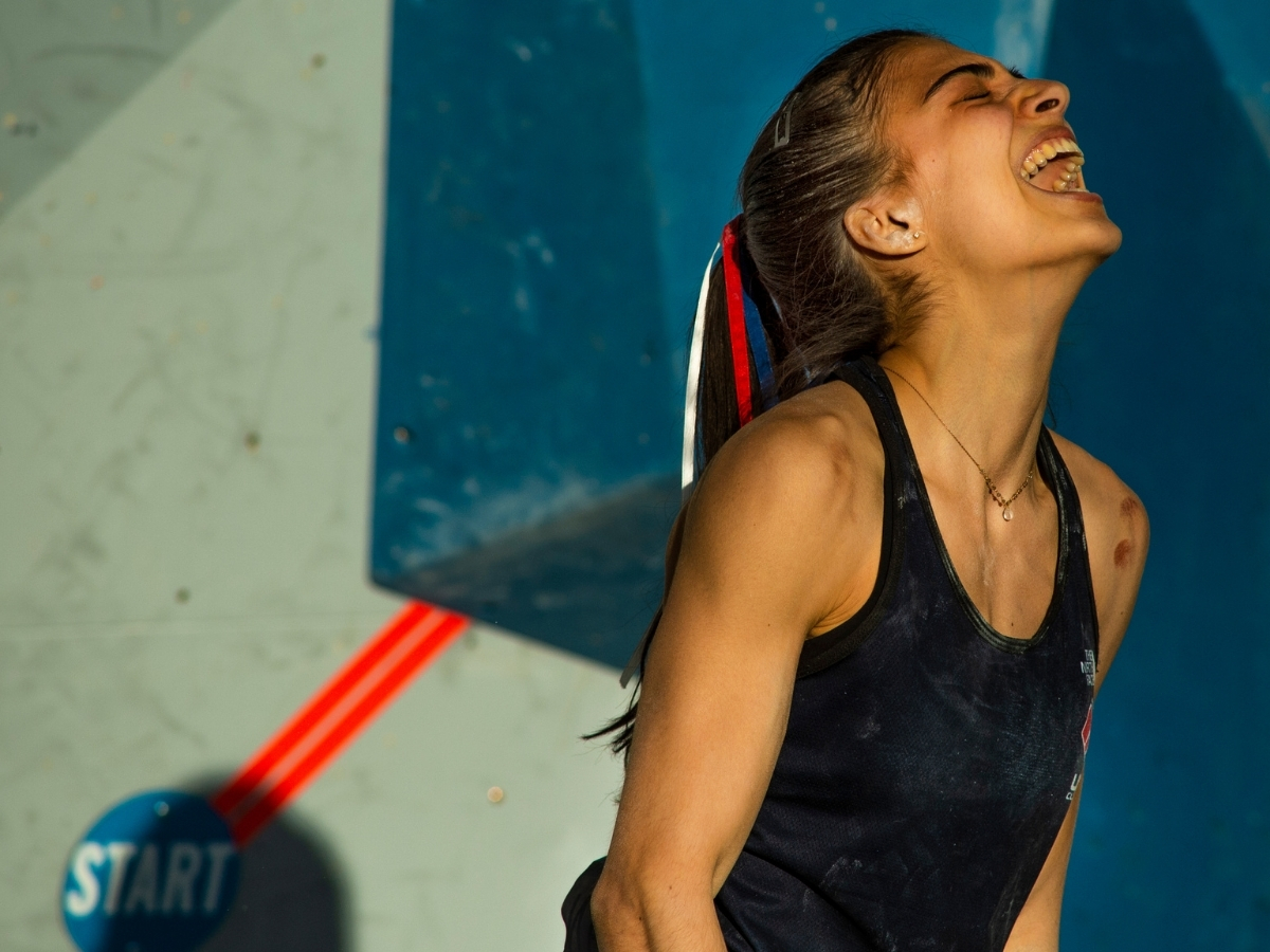 Natalia Grossman celebrating bouldering championship