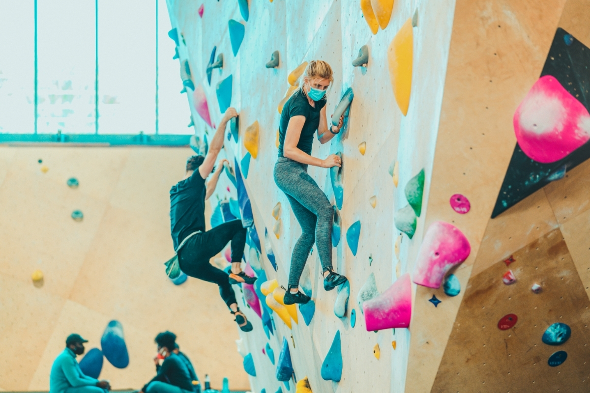 Indoor rock climbing with a mask