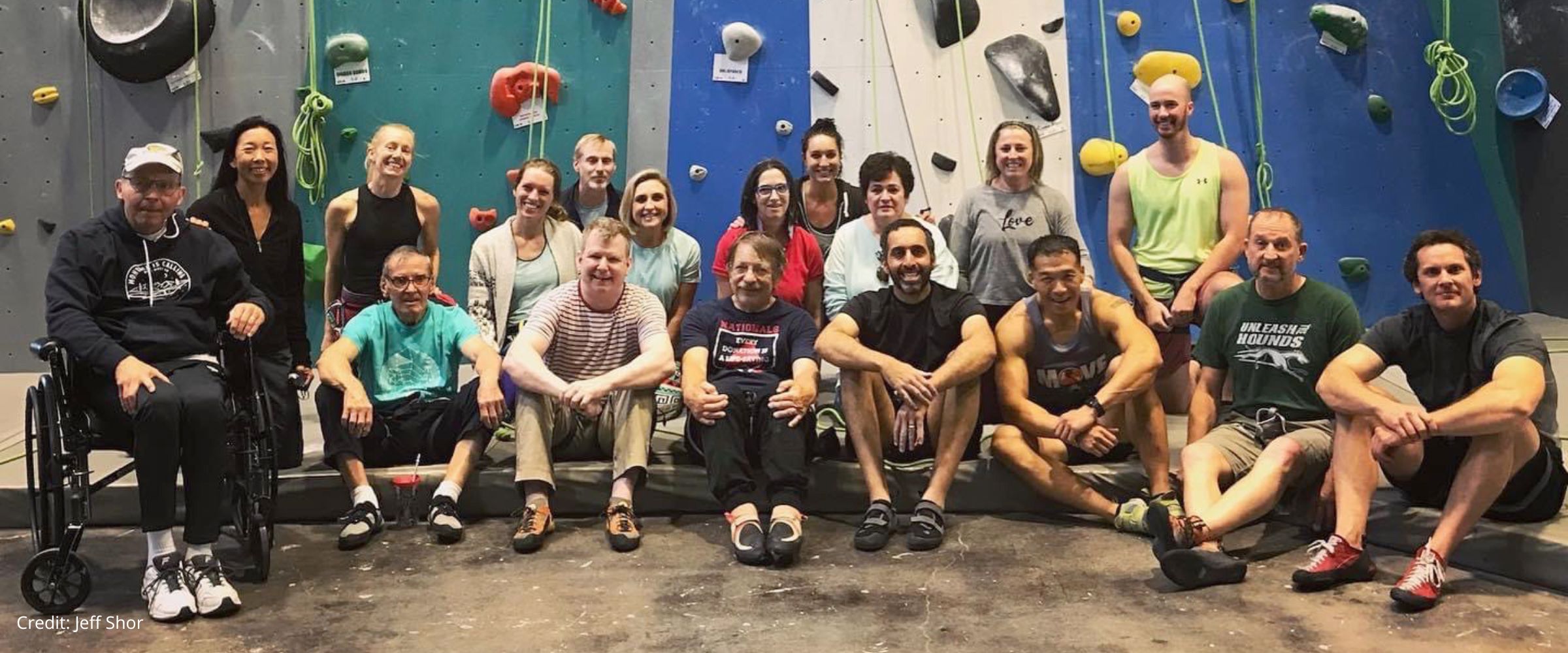 A group photo of the individual climbers that are part of the UpENDing Parkinson’s program at Sportrock Climbing Centers