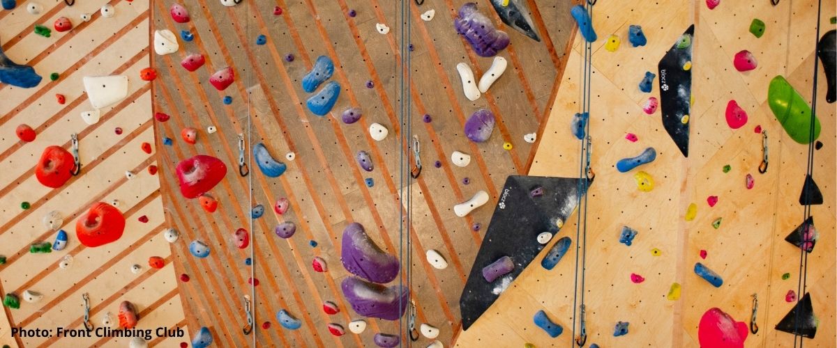 Rock holds in an indoor rock climbing gym