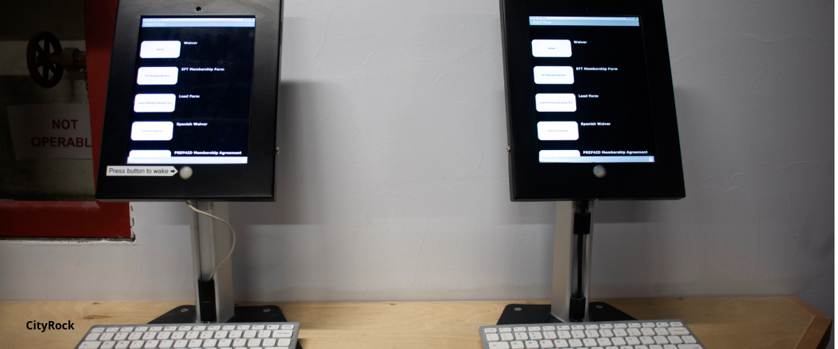 iPads in an indoor climbing gym