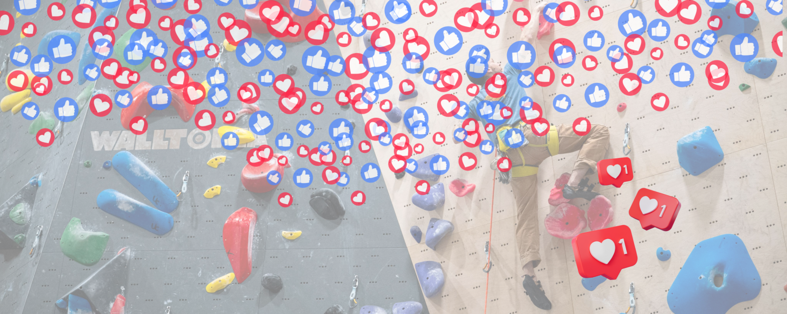 Social media icons on top of an image at a climbing gym