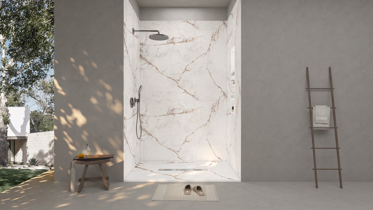 Calacatta Oro Flat Panels with, ADA Shower Base, and Medium Niche